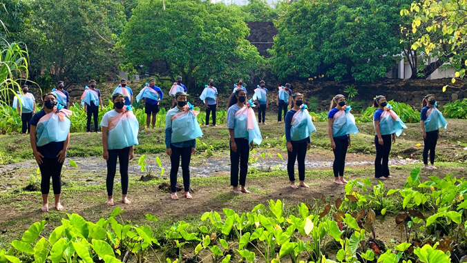 Kinder stehen auf den Taro-Feldern