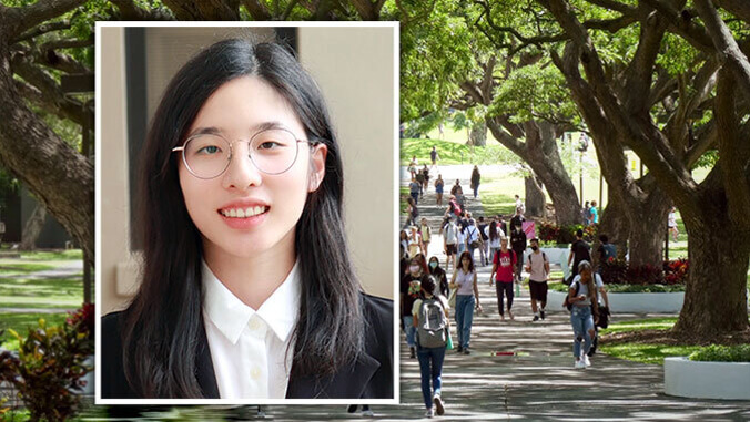 person headshot with photo of people walking