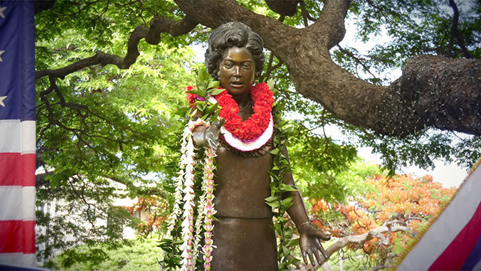 Patsy Mink monument with lei