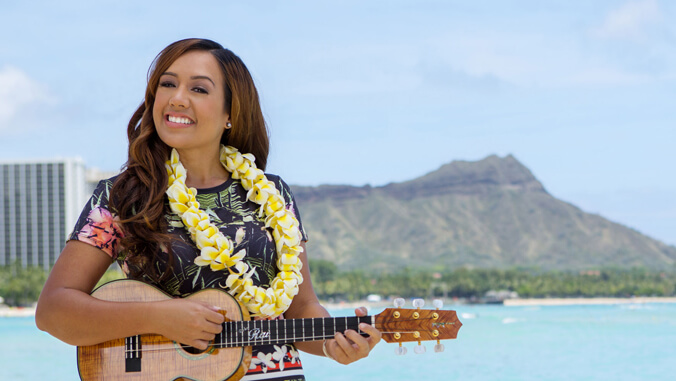 Raiatea Helm with a ukulele at Waikiki