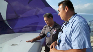 people looking at airplane wing