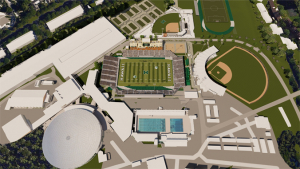 Aerial render of the expanded athletics complex
