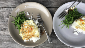 eggs and rice with weeds