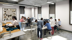 rendering of people in a room next to desks and tools