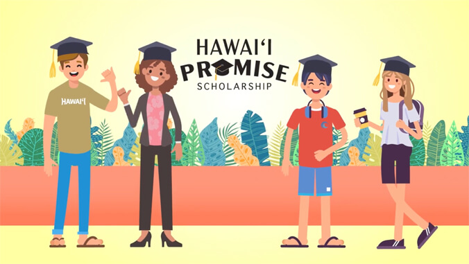 Illustration of four people in graduation caps. Text: Hawaii Promise scholarship
