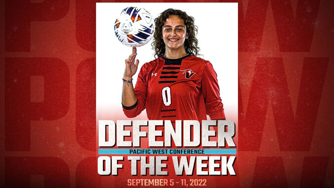 U H Hilo women's soccer defender of the week graphic