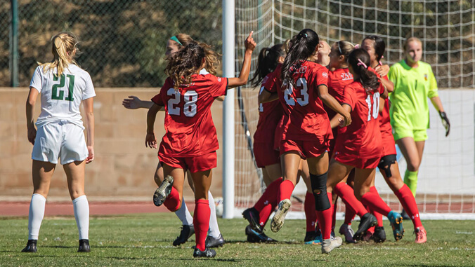 UH Hilo women's soccer players on the field