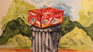 Painted illustration of a box of beer on a trash can
