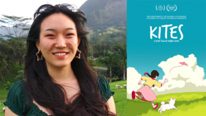 Debbie Kwon and the poster for her animated film KITES
