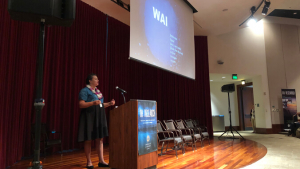 person speaking at a podium