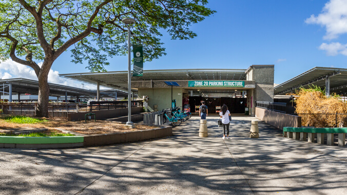 Students walking toward the Zone 20 parking structure