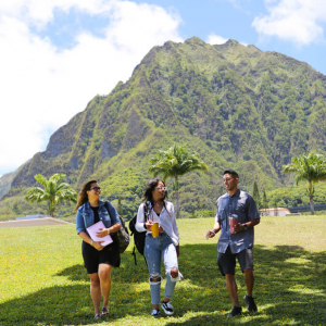 Three students walking on the Windward C C campus