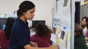 Student putting post-it on a board