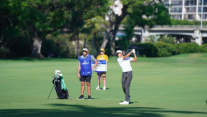 person with a golf club swinging