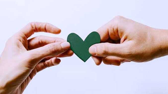 two hands holding a green heart