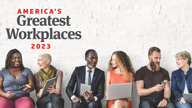 People seated in a line talking to each other, Text: America's greatest workplaces 2023