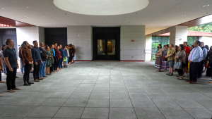 people standing in two rows facing each other