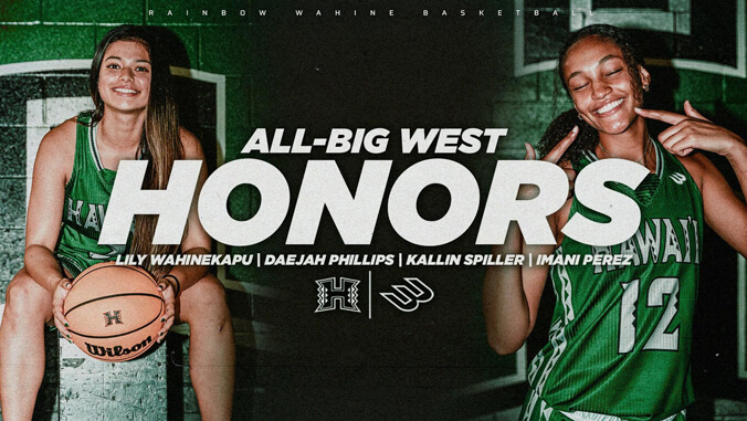 U H women's basketball All-Big West Honors graphic featuring two basketball players