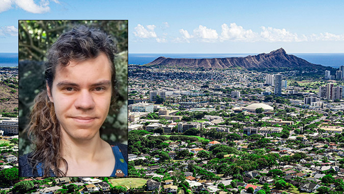 person headshot over a broader background of a valley