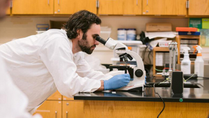 man looking through a microscope