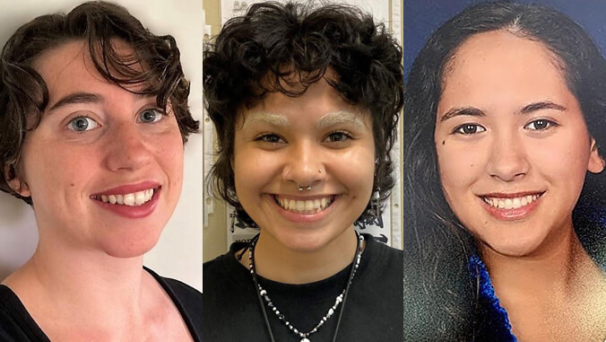 Three headshots of people smiling