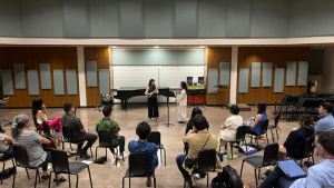 person playing in flute in front of an audience