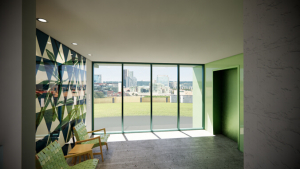 Inside of a room with green walls and floor to ceiling window