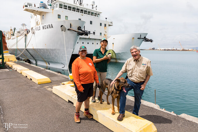 dogs and people in front of ship