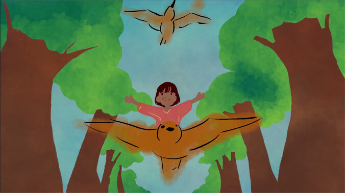 Illustration of a girl riding a bird through a forest