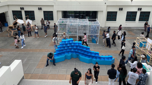 students walking around courtyard
