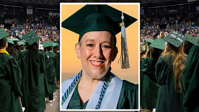 person headshot over photo of graduates with caps and gowns