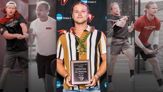 Collage of Luca Matheiowetz playing tennis and holding his award