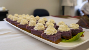 Ube cheesecake desserts on a platter