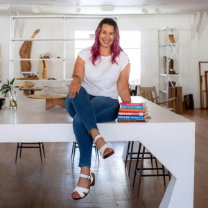 woman sitting on a table