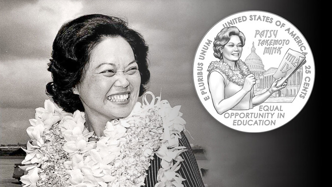 Design of Patsy Mink quarter and black and white photo of Mink smiling