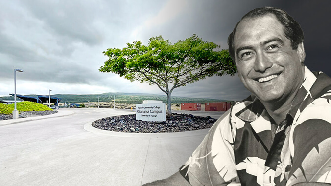 Street view of Hawaii C C Palamanui road and portrait of Rockne Freitas