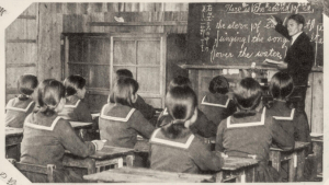 Black and white picture of students in class