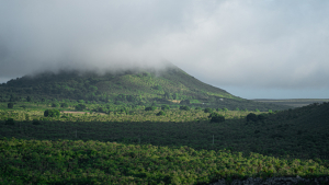 green mountain in the clouds