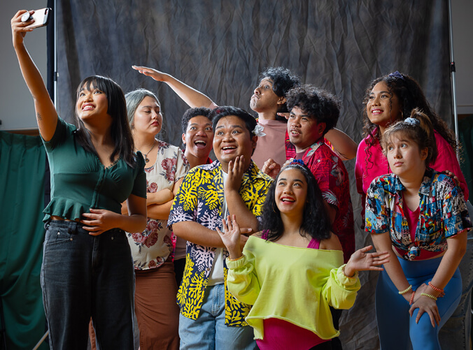 Cast of Aloha Attire taking a selfie