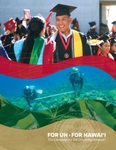 For UH For Hawaii graphic, student getting diploma and diver