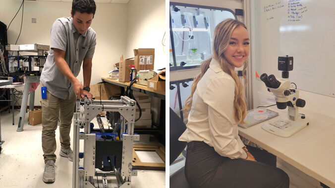 Two students, one working on equipment, the other sitting at a microscope