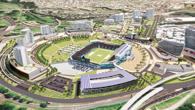 rendering of a stadium and large buildings