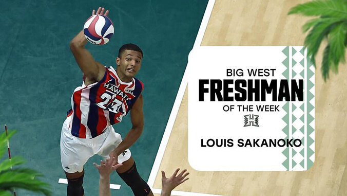 U H volleyball player Sakanoko with Big West graphics