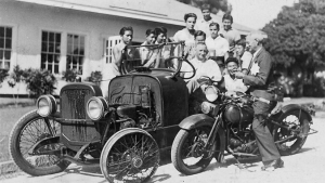 Black and white of people in a car