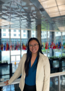 person standing in front of flags