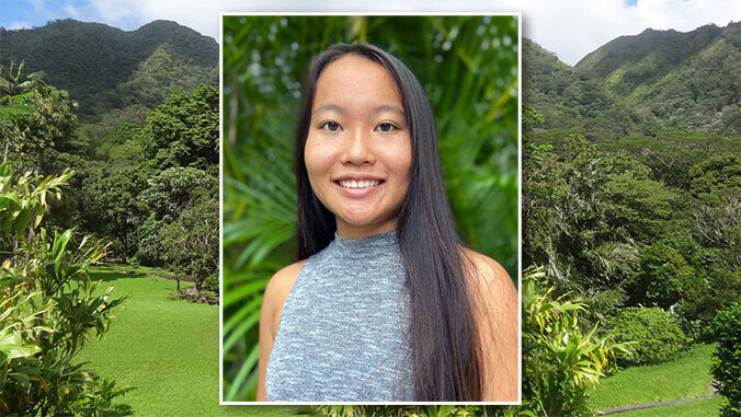 person headshot over a photo of a large forest