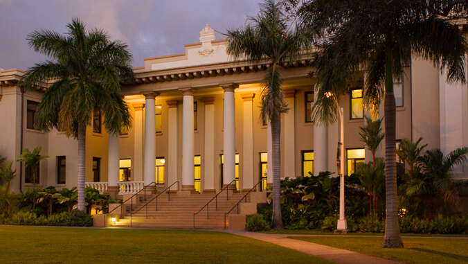 large building with lights on