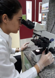 researcher looks into a microscope