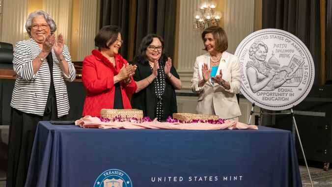 Gibson, Pelosi, Mink and Hirono next to the Patsy Mink Quarter.