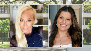 two people headshots over a photo of a building